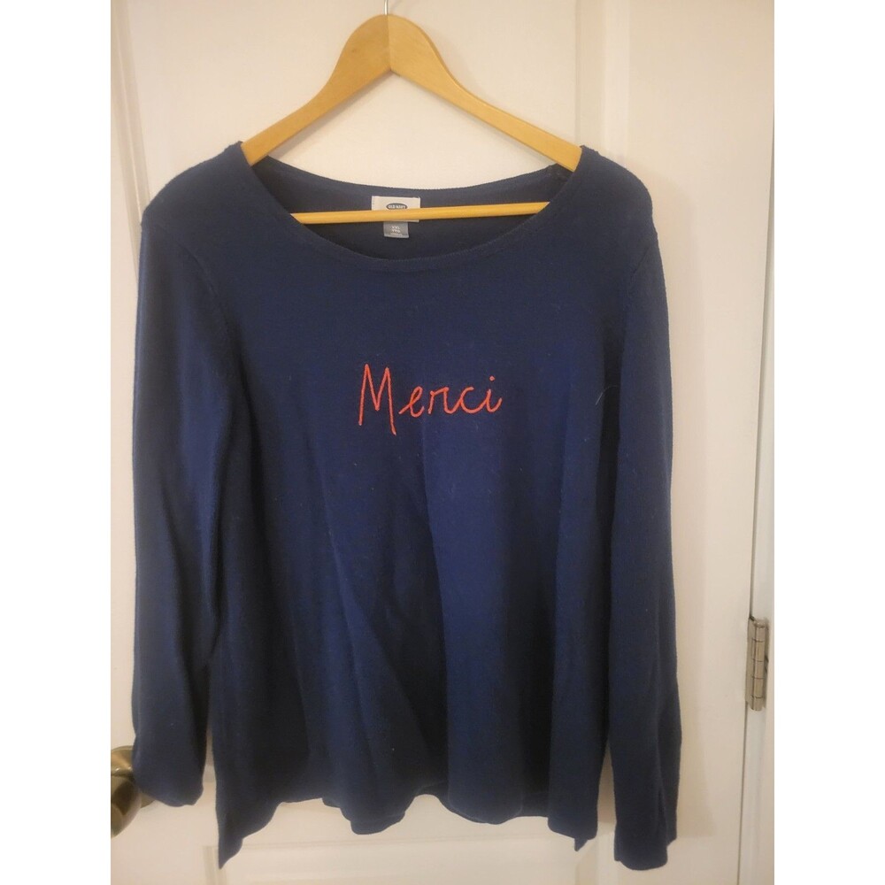 "Merci" In Red Script On Blue Sweater Size Xxl